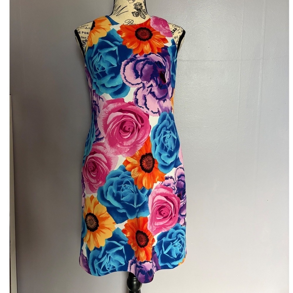 90s Retro Bright Floral Sheath Dress Blue Pink Orange Rose Sunflower Premise XS